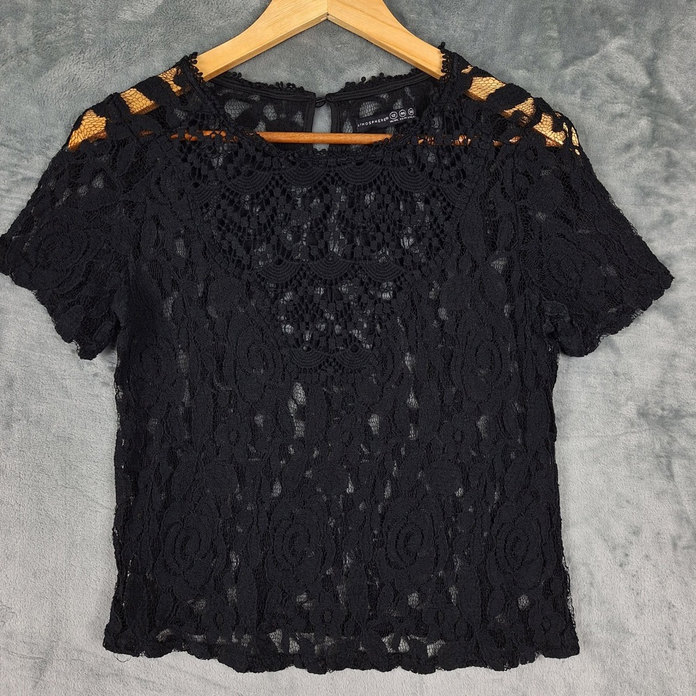 Womens Top Medium Black Sheer Floral Crochet Cottagecore Fairy Grunge Whimsigoth